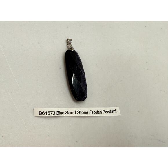 Sandstone Faceted Pendant 925 Sterling Silver Bale Oval Navy Blue Sparkling 6.8g - Picture 10 of 11